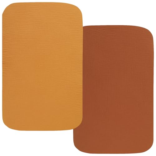 Image of Onacosht Muslin Bassinet Sheets 33" x 19" Compatible with Mika Micky, KoolaBaby (3 in 1), BabyBond, HARPPA and RICUTON Bedside Bassinet, 2 Pack for Baby Boy and Girl, Yellow and Brick