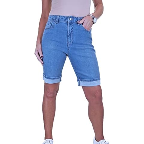 Paulo Due Women's High Waist Denim Jeans Shorts Ladies Cotton Bermuda Summer Shorts with Contrast Turn Up Cuff Light Blue Fade 10-22 (18) Cover