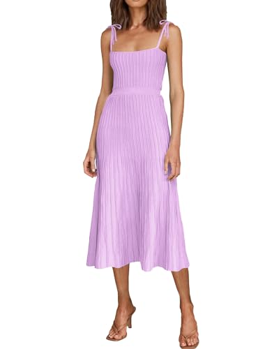 ARTFREE Womens Ribbed Knit Summer Maxi Dresses Tie Straps Square Neck Party Long Dress Lilac M
