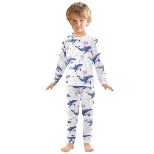 Watercolor Beautiful Blue Whale Cute Pajama Sets Long Sleeve Top and Pants, Snug Fit Sleepwear for Night Wears3