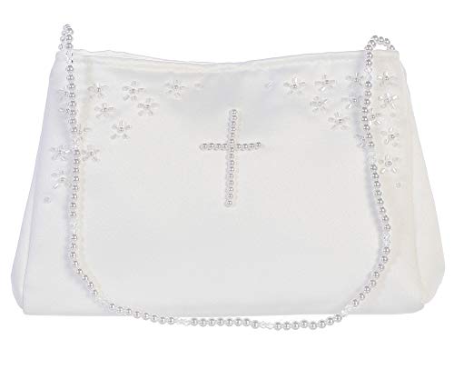 White Satin First Communion Purse Bags with Pearl and Cross Design