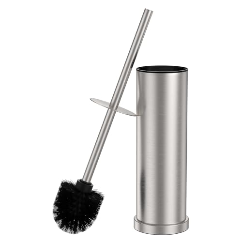 Stain Nickel Toilet Brush and Holder SetStainless Steel Heavy Duty Toilet Bowl BrushExtra Long Handled Modern Toilet Cleaner Brush with Replaceable Head Removable Inner Bowl and Splash Protection