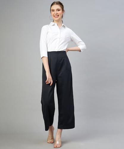 Image of Women's Straight Fit High Rise Pleated Parallel Cropped Length Solid Cotton Blend Trousers with Side Chain