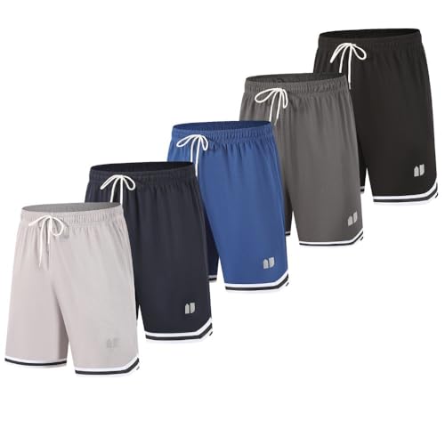 fovdtaa Confezione da 5 pantaloncini sportivi da uomo, ad asciugatura rapida, per palestra, corsa, fitness, allenamento, con tasche e elastico in vita, Nero, grigio, blu, blu marino, grigio chiaro