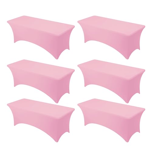 Dailyset 6-Pack Premium Pink Spandex Tablecloths for 8ft Rectangle Tables, Stain & Wrinkle-Resistant, Washable Stretch Polyester Fitted Table Cover for Weddings, Banquets, Trade Shows Events