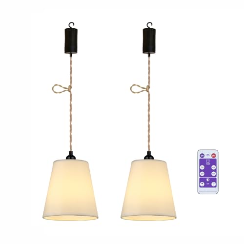 YIKEGE LICHT 2x Stoff Hängelampe mit Batterie Hanfseil Boho Lampe Akku Deckenlampe Ohne Strom Batteriebetriebene Deckenleuchte Hängeleuchte Hängelampen mit Glühbirne Lampenschirm Schlafzimmer Deko