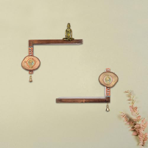 Image of AAKRITI ART CREATIONS Tribal Angle Brown Wall Display Shelf Set of 2 | Dhokra Art Wooden Shelves Wall Hanging Shelves | Matte Finish Decorative Shelf for Living Room, Bedroom & Gifting