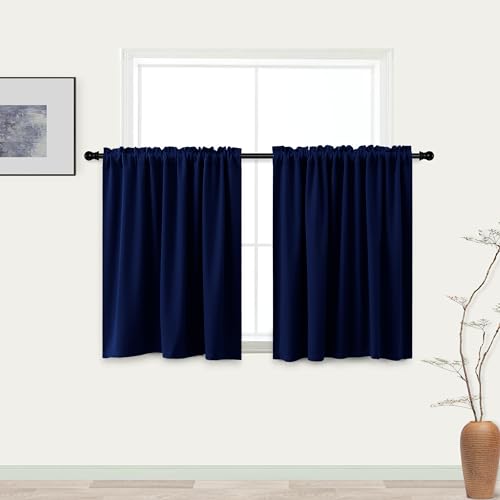 Image of KOUFALL Navy Blue Small Window Curtains, Thermal Short Blackout Curtains for Kitchen Window Over Sink Bathroom Cabinet Bedroom, 34w x 24 Inch Length, Dark Blue