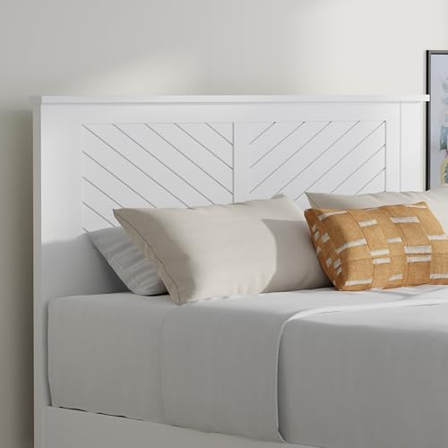 ComfIQ Serene Poplar Wood Full Size Headboard in White, Modern Farmhouse Panel with Chevron Scoring,...