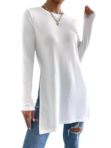 Remidoo Side Slit Tees for Women Long Sleeve T Shirt Crewneck Solid Casual Split Hem Tops4