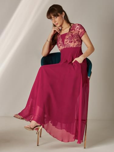 Image of Miss Chase Women's V-Neck Full Sleeve Self Design Lace-Overlaid Georgette Maxi Dress