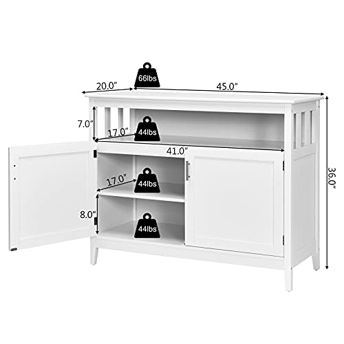 Costzon Buffet Cabinet With Storage, 45" L X 20" D X 36" H Large Wooden Kitchen Sideboard With 2-Level Shelf, Open Doors, Coffee Station Side Boards For Living Room, Home Coffee Bar, Bathroom (White) #TOP2