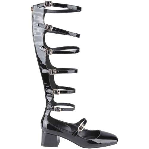 Women's Gladiator Knee High Strappy Block Heel Sandals Pumps Multi-Buckle Chunky Low Black Heel Galditor Pumps Shoes2