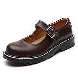 XMM Mary Jane Shoes Women Oxford Shoes Leather Round Toe Flats Non-Slip Ankle Buckle Strap Comfort Casual Dressy Cosplay Party School Work Shoes Brown US 9.5