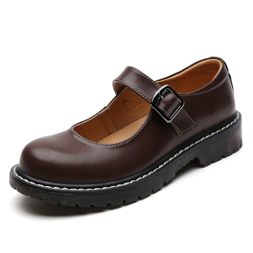 XMM Mary Jane Shoes Women Oxford Shoes Leather Round Toe Flats Non-Slip Ankle Buckle Strap Comfort...
