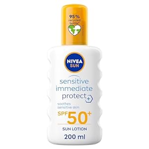 NIVEA SUN Protect and Sensitive Sun Spray (200 ml), Sunscreen with SPF50, Suncream for Sensitive Skin with Aloe Vera, Immediately Protects Against Sun Exposure
