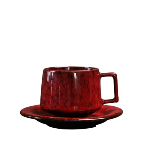 MENGLI-2024 Tazas de café Juego de taza café/té con platillo, cerámica retro, color rojo