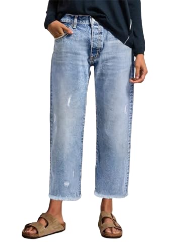 EVALESS Women Jeans Stretchy Boyfriend Straight Leg Denim Pants Washed Ripped Frayed Raw Hem Capri Wide Leg Ankle Trousers Light Blue Size 8