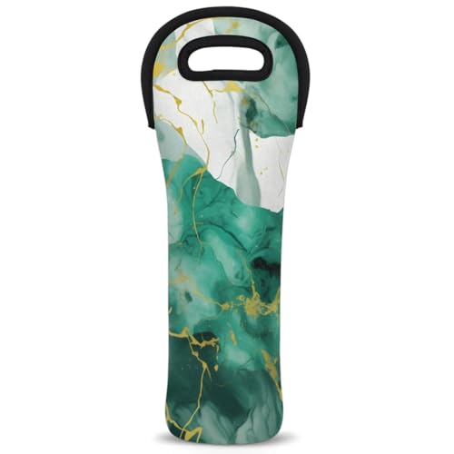 Neoprene Wine Tote Carrier Bag for Wine,Water, Champagne, Beer, Baby Bottles 15.6 x 5.1 Inches, Protective Wine Bag,Green White Marble Texture