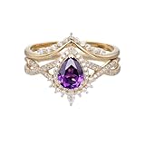 1-5ct Amethyst Wedding Ring Sets 10K 14K 18K Real Gold Pear Cut February Birthstone Gemstone and Moissanite Bridal Ring Set Engagement Ring Sets 2pcs Free Engraved for Women