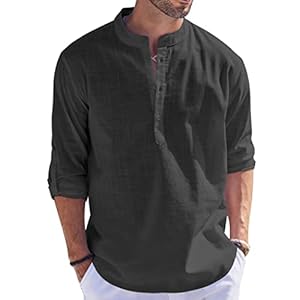 Herren Leinenhemd Henley Shirt Langarm Freizeithemden Sommer Beach Casual Mittelalte Kurzarm T-Shirt für Urlaub Strand