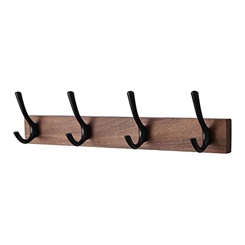 Muso Wood Wall Mounted Coat Rack, Rustic Wooden Coat Rack with 4 Black Hooks Rail, Double Door Hangers for Coat Towel Bag Organizer Hat Key Cup(Walnut) Cover