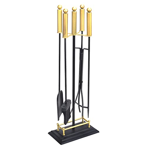 brass fireplace - Barton 5Pc Fireplace Tools Black & Gold Wrought Iron w/Stand Poker Shovel Tongs Brush Fire Set Accessories Indoor Outdoor