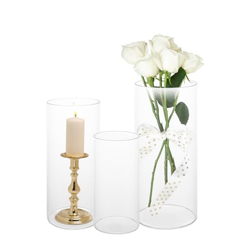 SHUESS Vaso in vetro, 3 pezzi, vaso decorativo in vetro per decorazione da tavolo, vaso in vetro cilindrico, vaso a tulipano, vaso in vetro alto, vaso di vetro, cilindro in vetro per fiori, candela