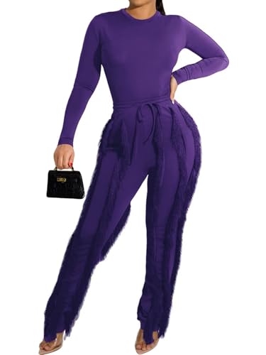 EDITCOZY Women Sexy Two Piece Outfits Fringe Pants Set Long Sleeve Club 2 Piece Going Out Birthday Party Night