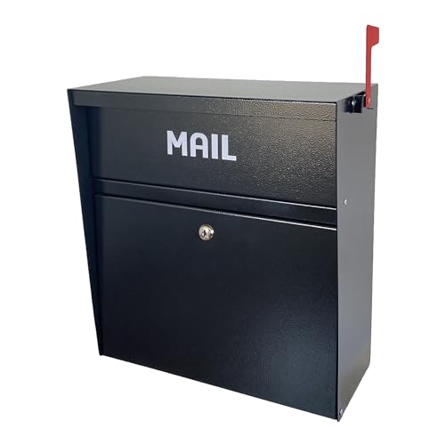 Image of Locking Wall-Mount Large Mailbox with Outgoing Mail Flag | Galvanized Steel Rainproof Outdoor Mailbox for Homes, Apartments, Offices & Businesses, Black