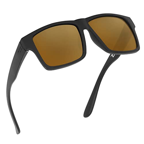 Image of TOROE TR90 Square Frame Grade A Polarized Black Emblem Sunglasses with Anti Reflective Water Repellent Polycarbonate Lenses (Matte Black Frame, Bronze Mirror (CAT3))