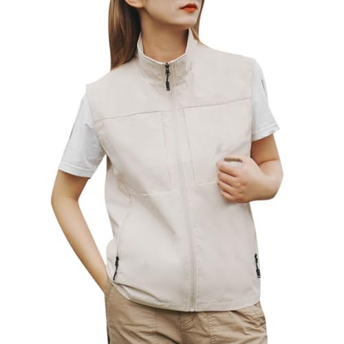 Caxndycing Chaleco sin mangas para mujer, acolchado, elegante, ligero, chaleco de trabajo, tallas grandes, largo y delgado, chaleco de verano, para primavera, verano, deporte, chaleco deportivo, beige