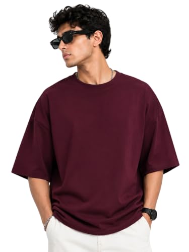 Image of Veirdo Oversized Baggy Fit Drop Shoulder Half Sleeves Round Neck Solid Pure 100% Cotton T-Shirt for Men (Available in White, Black, Mustard, Maroon, Green, Lilac, Navy, Red Color)