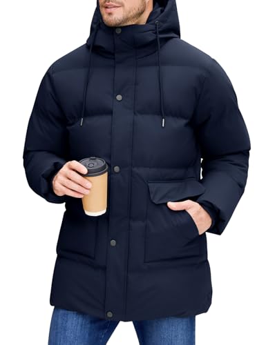 Xnova Abrigo Largo de Invierno para Hombre, Chaqueta Acolchada con Capucha Térmica Resistente Cálido Casual Parka Cazadora Prueba de Viento con Bolsillos (Azul 02, XL)