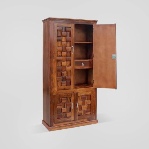 Image of Solid Sheesham Wood Diamond Cut 4 Door Almirah /Wardrobe /Cabinet with Storage of 4 Shelves and 2 Drawers, Pre-Assembled (Natural Honey Finish) (Honey) (F-Hony)