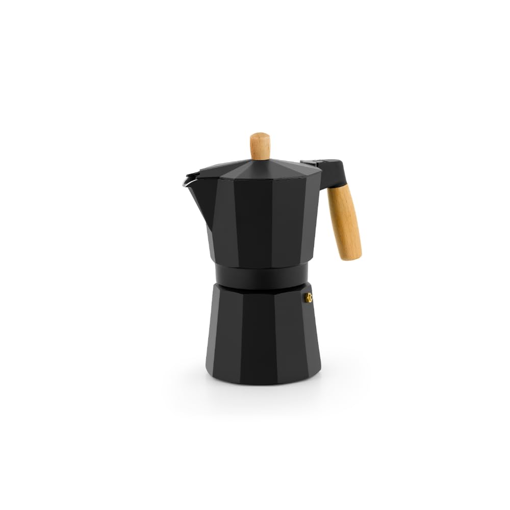 BRA Market | Cafetera 9 tazas (425 ml), cuerpo de aluminio, asa y pomo de madera de haya natural, full induction, apta para todo tipo de cocinas incluida inducción