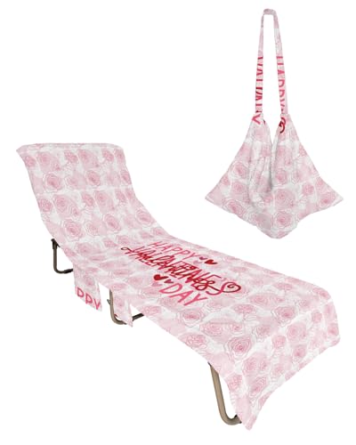 Valentines Floral Beach Chair Towel Covers for Chaise Lounge with Side Pocket, Soft Plush Pool Towels Cover for Patio Sunbathing Outdoor 29''x85'' Watercolor Pink Romantic Rose Flower