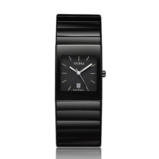 WatchAE - Old Classic Black Ceramic Rectangle Watch Men Quartz Ultra Thin Business Watch Waterproof Square Anti-Scratch Calendar