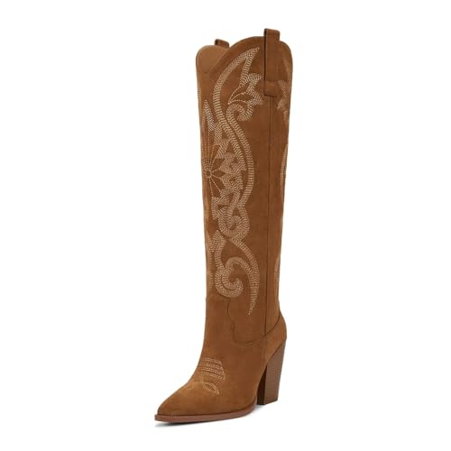 Image of ISNOM Knee High Cowboy Boots for Women, Comfortable and Fashion | Classic Western Style, Stable Chunky Heel, Side Zipper, Pointed Toe, Non-slip Sole, Versastile Concert Party Rodeo Boots