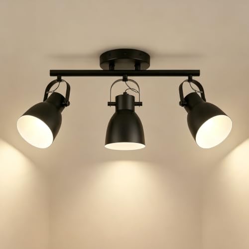 Image of 3-Light Track Lighting Fixture, Matte Black Adjustable Directional Ceiling Spot Lights, Industrial Farmhouse Semi Flush Mount Ceiling Light for Kitchen, Hallway, Bedroom, Living Room, E26 Base