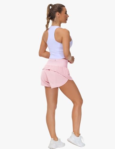 Image of THE GYM PEOPLE Women's High Waisted Running Shorts Quick Dry Workout Shorts | High Waist, Slim Fitted, Built-in Mesh Lined, Back Zipper Pockets, Lightweight, Breathable, Side Slit