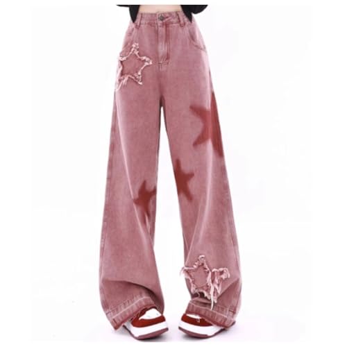 Women's Star Jeans Y2K Pants- Vintage Blue High Waist Baggy Wide Leg Denim Pants, Retro Streetwear Trousers - No Accessory