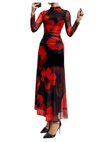 Verdusa Women's Floral Wedding Guest Dress Mesh Bodycon Long Sleeve Date Night Long Dresses