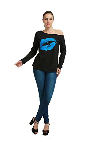 MAGICMK Damen Sweatershirt Lippen drucken Causal Bluse weg von der Schulter Langarm-lose Slouchy Pullover Tops X-Large Schwarz + Blau