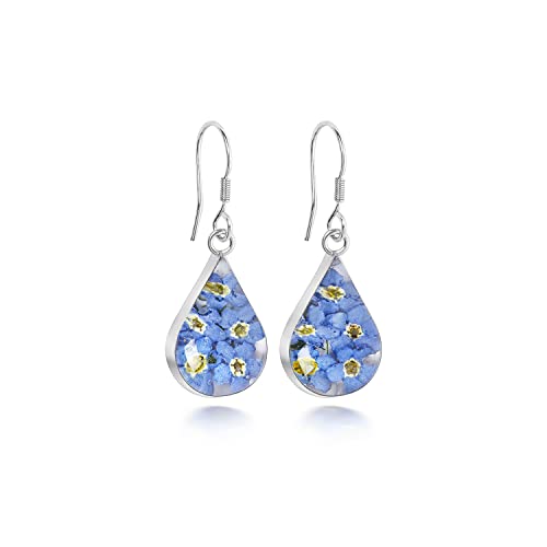 Boucles d'oreilles pendantes en argent massif avec véritables myosotis