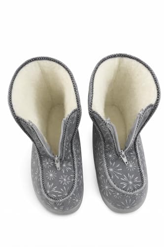 Image of Pure Step Comfort Womens Sheepskin Slipper Booties, Cozy Star Print Soft Wool Lined Slippers, Front Zipper, Warm Lightweight Comfortable House Shoes (5 UK)