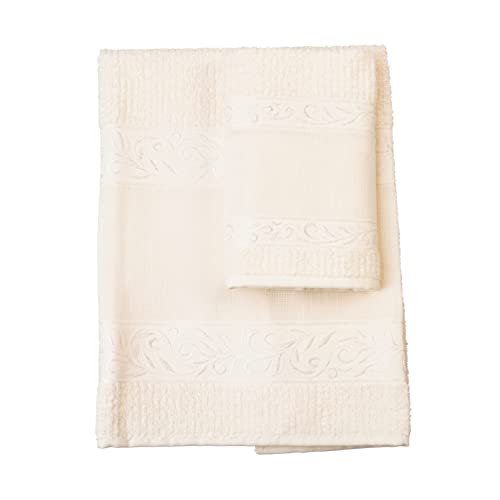 Filet - Set de 2 toallas de baño de rizo con inserto de aida para bordar | 60x105cm y 40x55cm | Cara e Invitado | Esponja 385gr/mq | Fabricado en Italia | Marfil