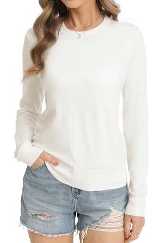 QUALFORT Women's White Sweaters for Women, Crewneck Pullover Knitted Tops White Medium