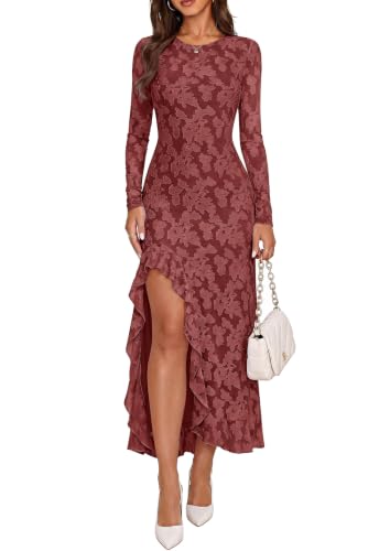 PRETTYGARDEN Women's Formal Maxi Floral Dresses with Slit (Rust Red,M)