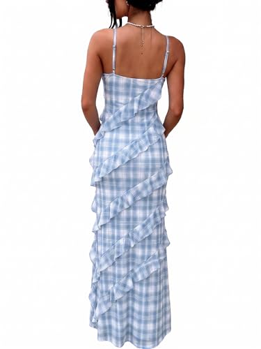 Image of HOCILLE Women's Sexy V Neck Backless Bodycon Spaghetti Strap Elegant Ruffle Maxi Cocktail Party Dresses